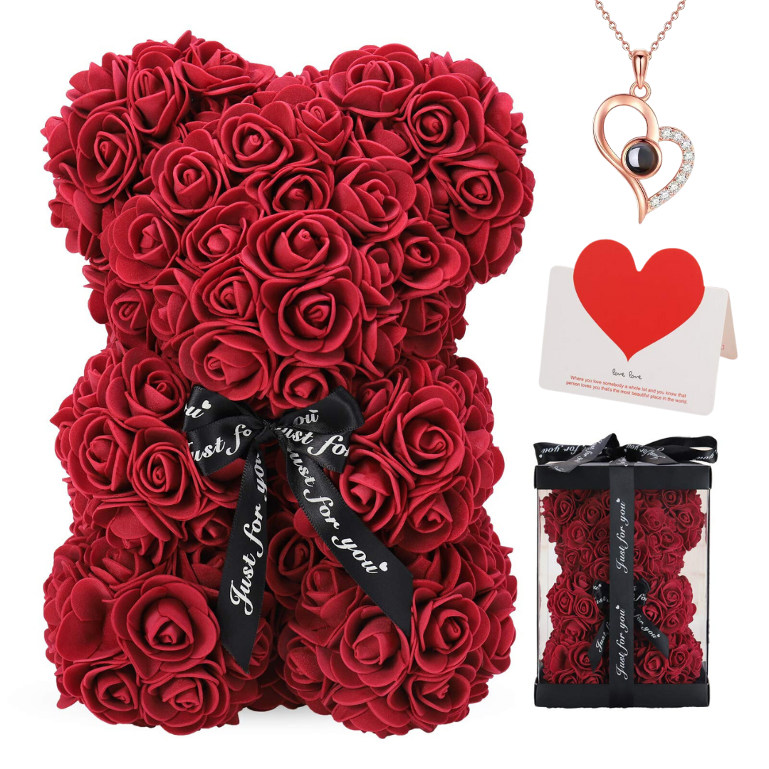 Burgundy rose bear complete gift set