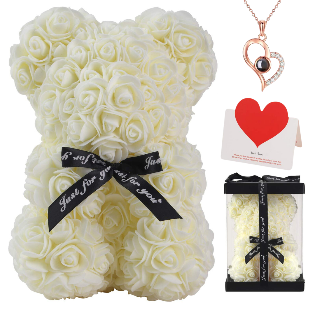 Milk white rose bear complete gift set