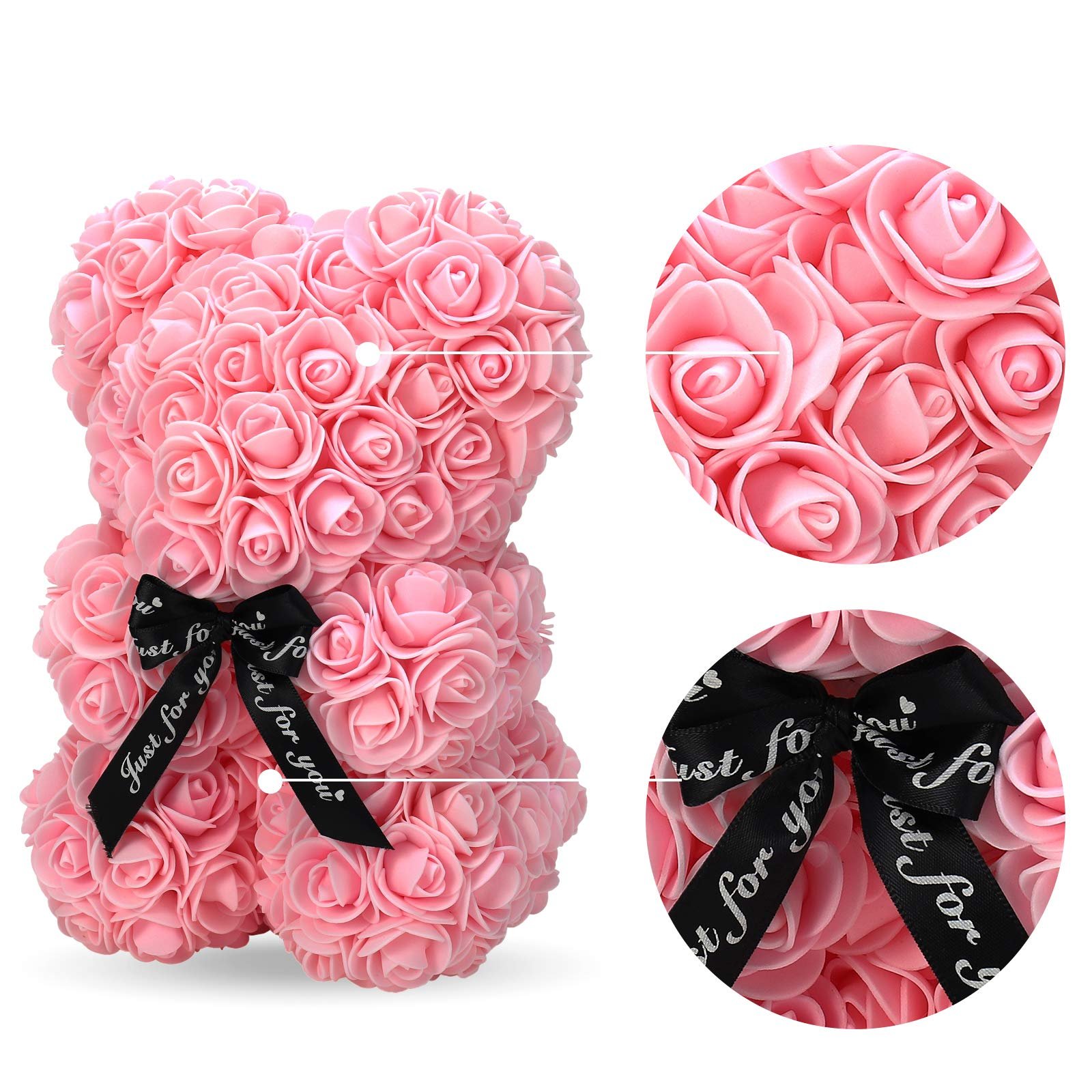 Close-up of pink rose bear petals and ribbon