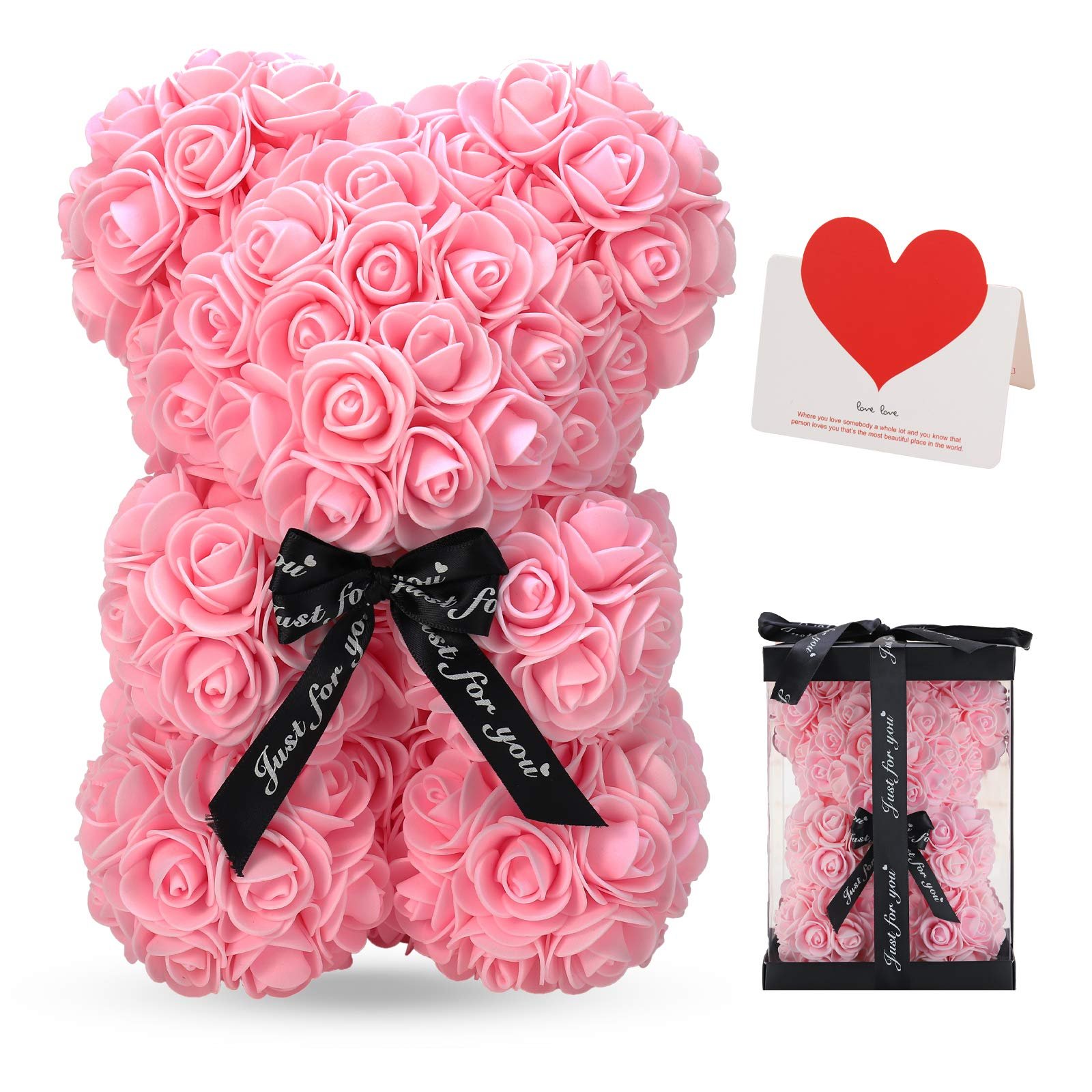 Pink 10-inch rose bear gift set with greeting card and box