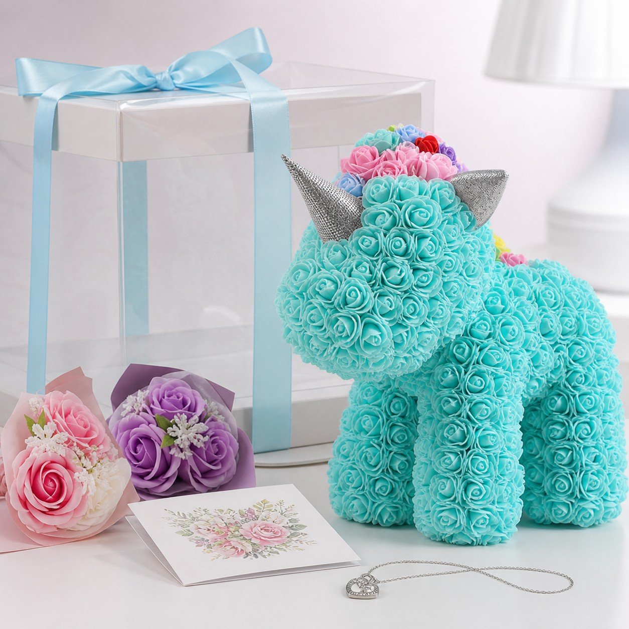 Gift set accessories with Tiffany blue classic rose unicorn