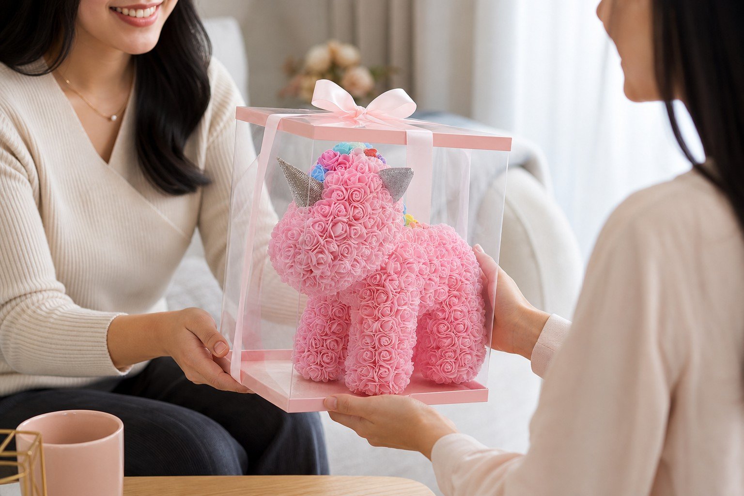 Couple gifting moment with pink classic rose unicorn