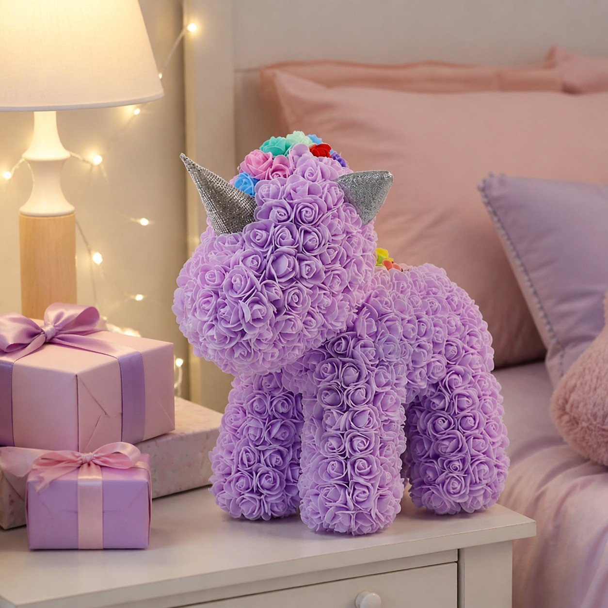 Lifestyle scene with lavender classic rose unicorn on bedside table