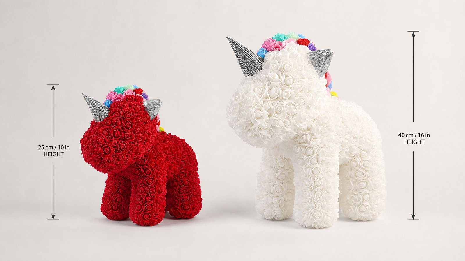 Height size guide for 25 cm and 40 cm classic rose unicorns