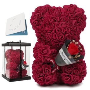 Burgundy Rose Bear with Mini Bouquet
