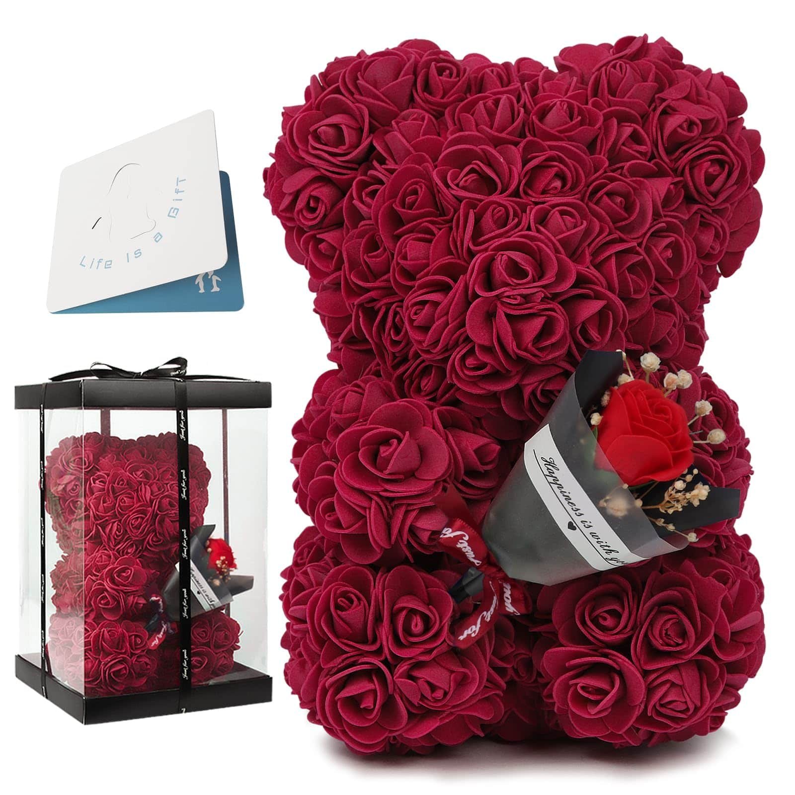 Burgundy Rose Bear with Mini Bouquet