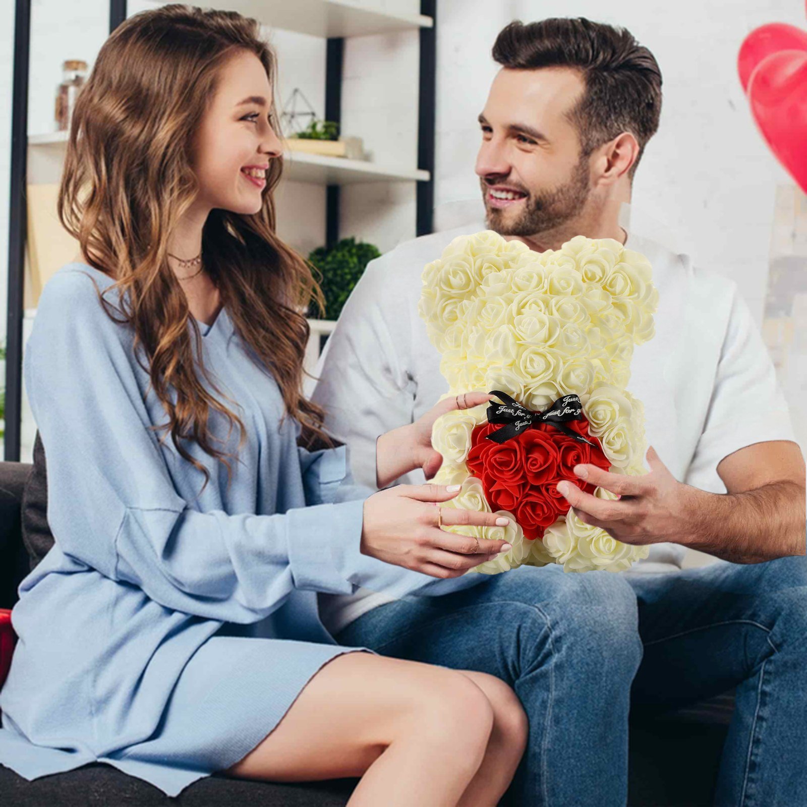 Rose Bear Holding Heart - Milk White Couple