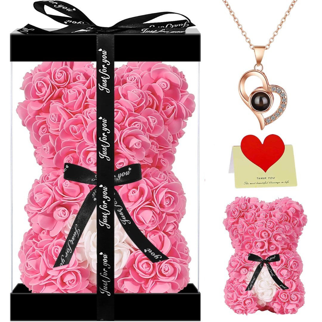 Pink Rose Bear Holding Heart in black gift box