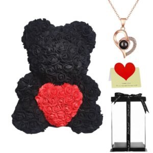 Black Large Rose Bear Holding Heart Gift Set