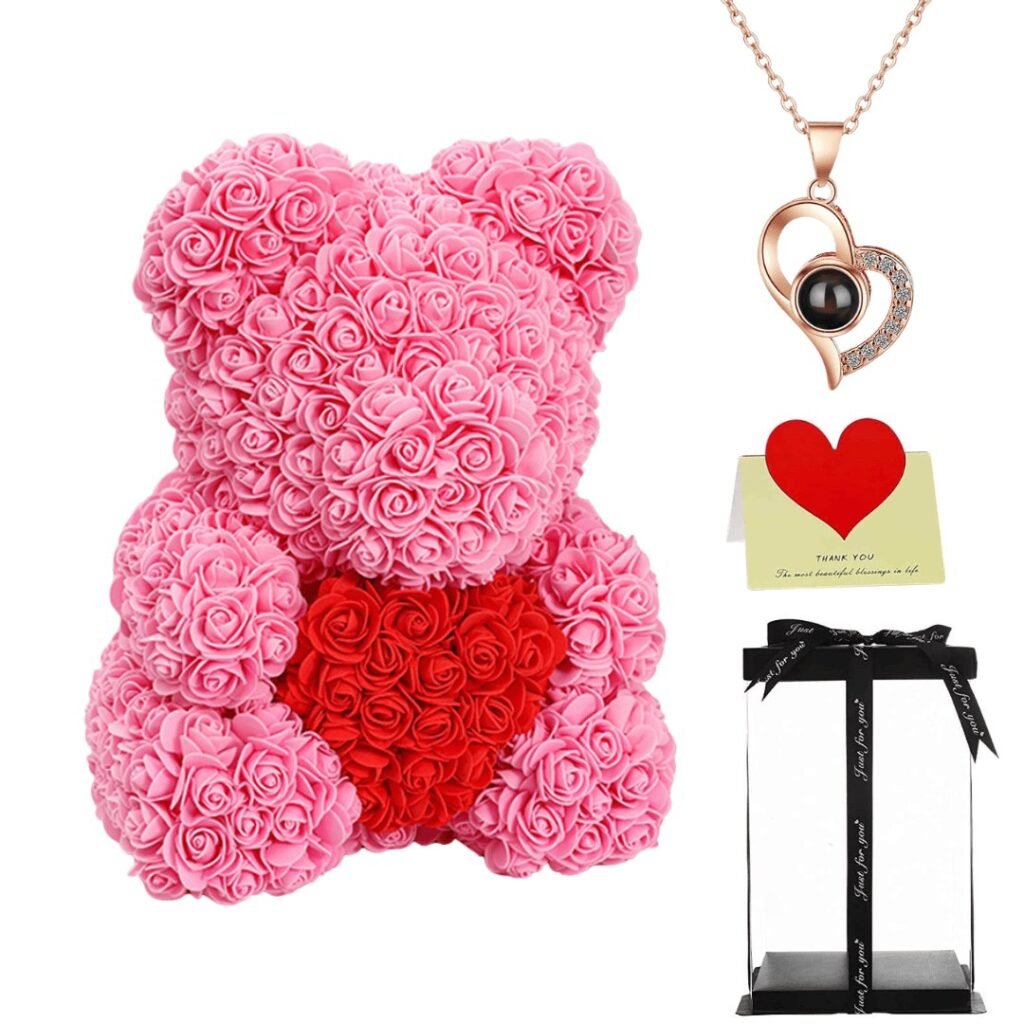 Large Rose Bear Holding Heart Gift Set - Main Pink Heart Gift Set