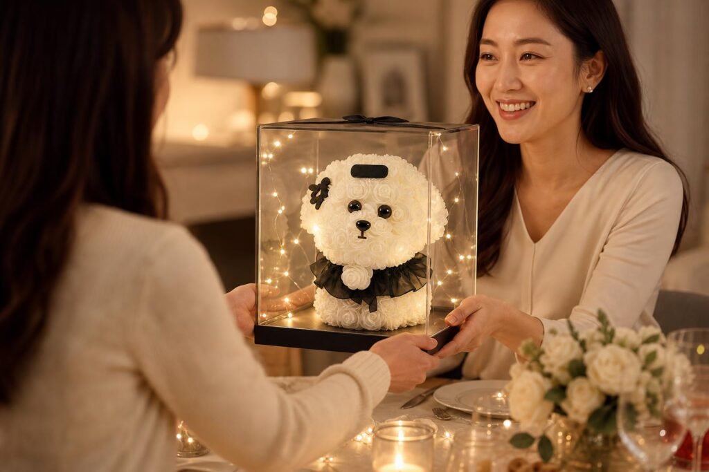 Family gifting moment with black rose Maltese clear display box