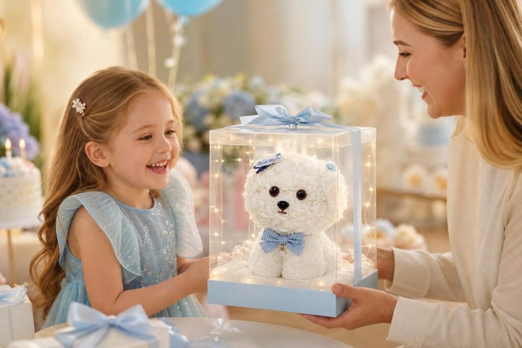 Parent giving blue rose Maltese gift box to a child at a birthday party