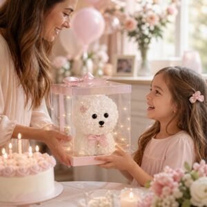 Mother giving pink rose Maltese gift box to a child at a birthday table