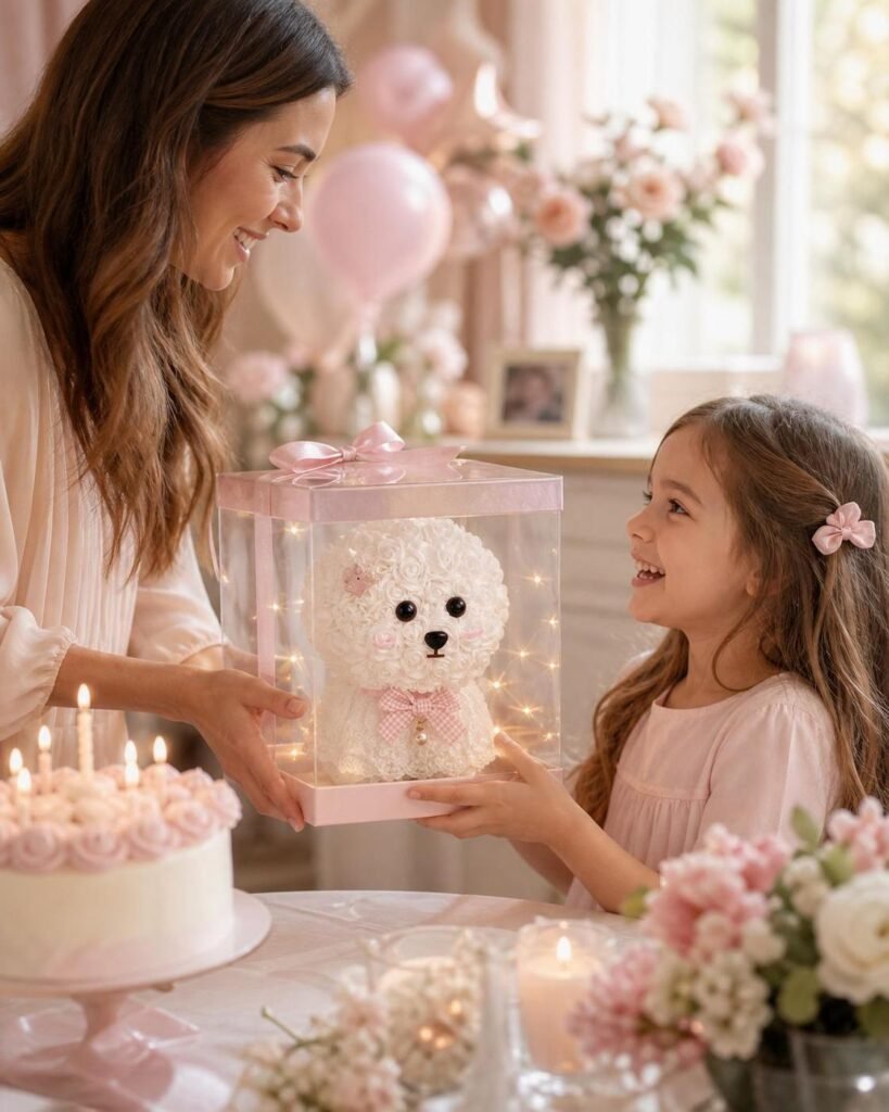 Mother giving pink rose Maltese gift box to a child at a birthday table