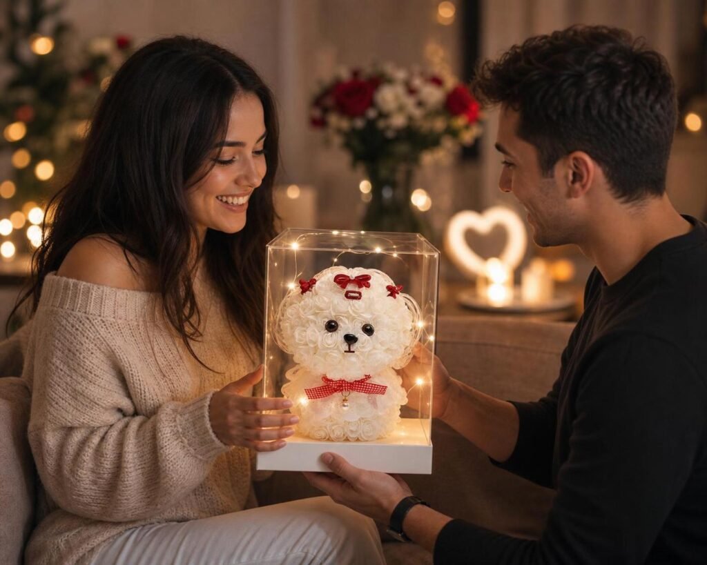 Romantic gifting moment with red rose Maltese clear display box
