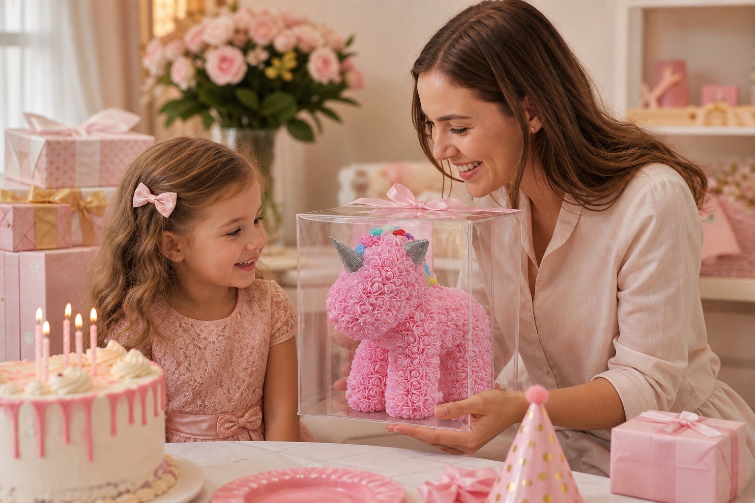 Parent giving pink classic rose unicorn to child at a birthday table
