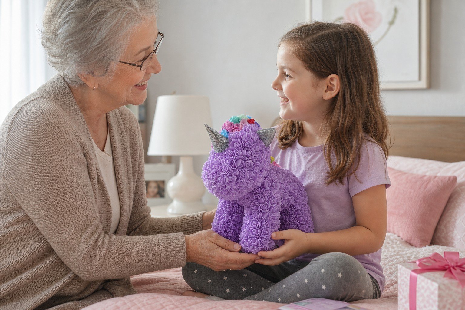 Grandmother giving purple classic rose unicorn to child in bedroom