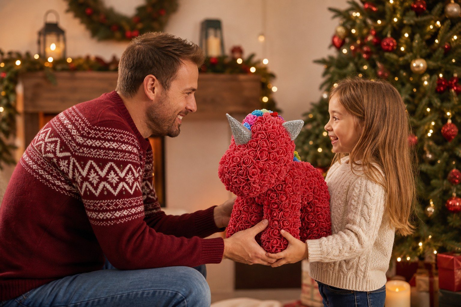 Father giving red classic rose unicorn to child near holiday tree
